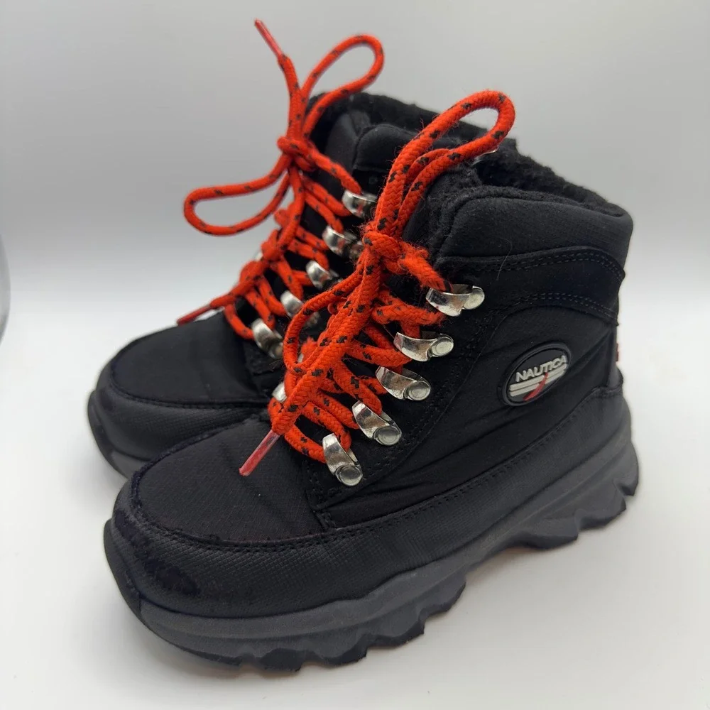 Nautica Kids Black Red Winter Snow Boots Fleece Lined Side Zip Size‎ 11 Toddler